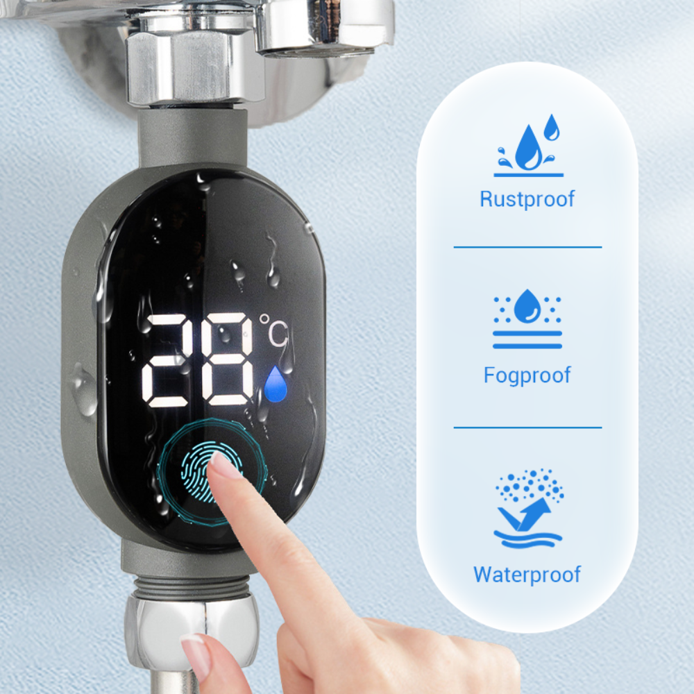 Digital temperature display on a faucet with water droplet icons and text on a light blue background