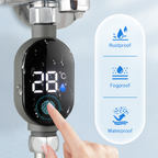 Digital temperature display on a faucet with water droplet icons and text on a light blue background