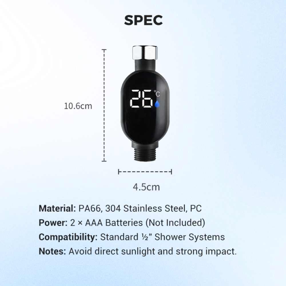 Digital shower thermometer with specifications on a light blue background