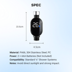 Digital shower thermometer with specifications on a light blue background