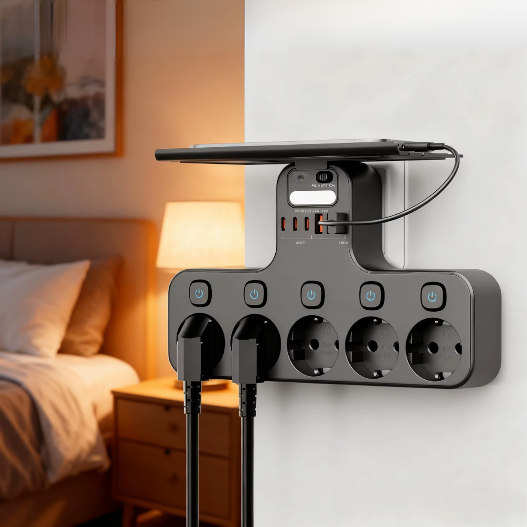 Wall Power Strip with Night Light | 5 Switched Sockets, USB Ports