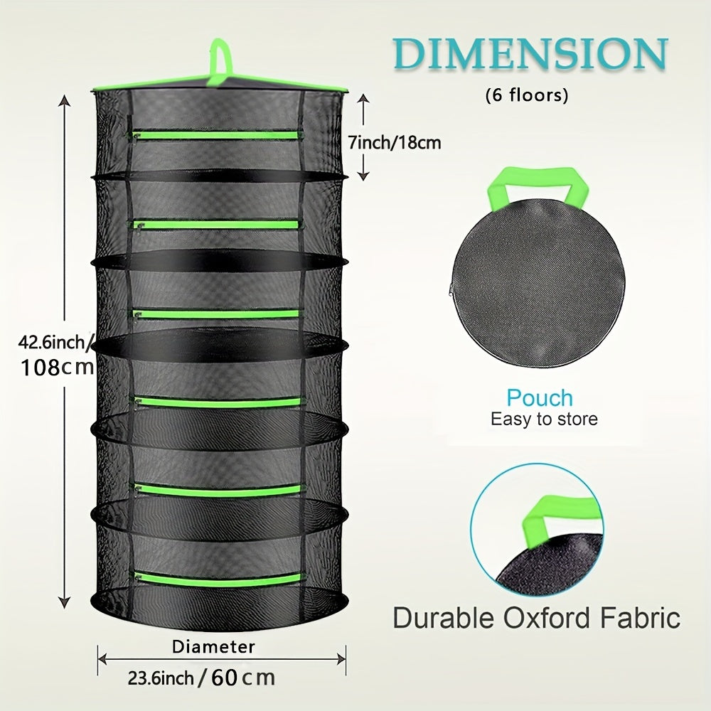Black hanging plant organizer with green straps and dimensions on a beige background