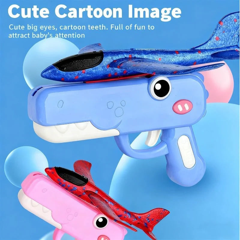 Cartoon shark toys with big eyes and colorful design on a blue background