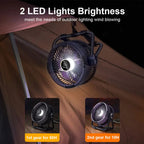 LED light fixture on a tent with text indicating brightness and usage duration.