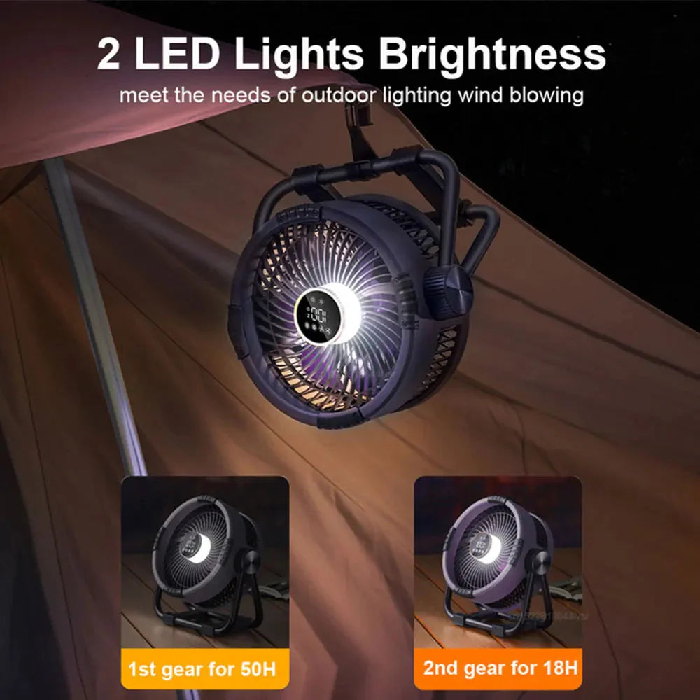 LED light fixture on a tent with text indicating brightness and usage duration.