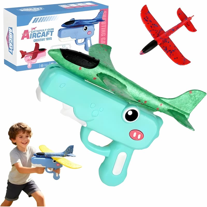 Toy airplane launcher with planes and packaging on a white background