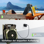 Solar panel charging a device on a beach with text about charging time.