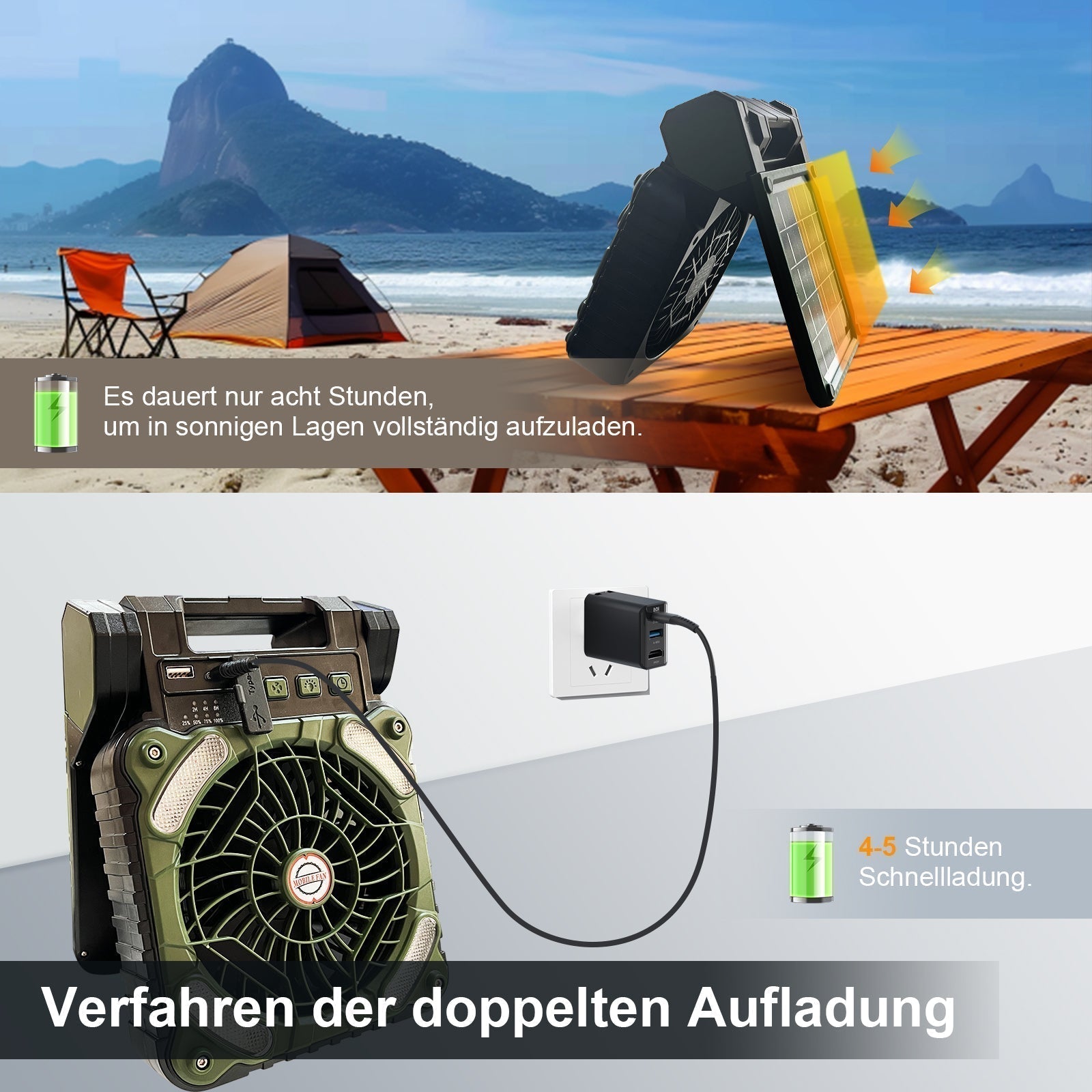 Solar panel charging a device on a beach with text about charging time.