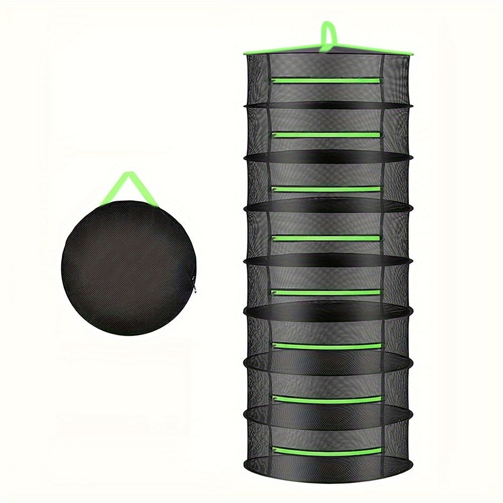 Black mesh hanging dryer with green accents on a white background