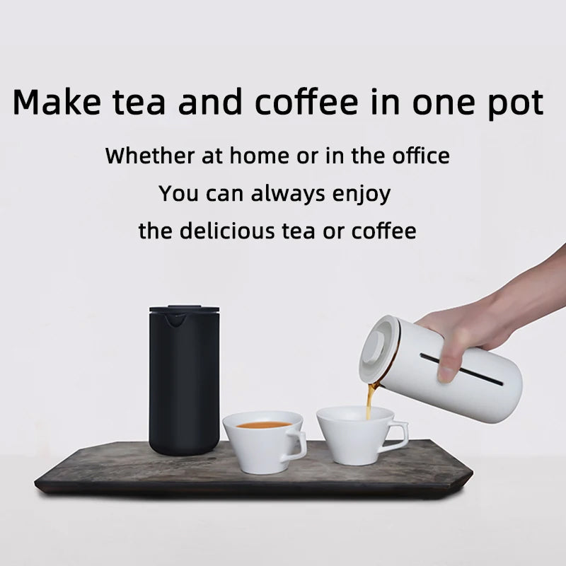 Two pots, one black and one white, on a tray with a hand pouring from the white pot into a cup. Text overlay promoting the ability to make tea and coffee in one pot.
