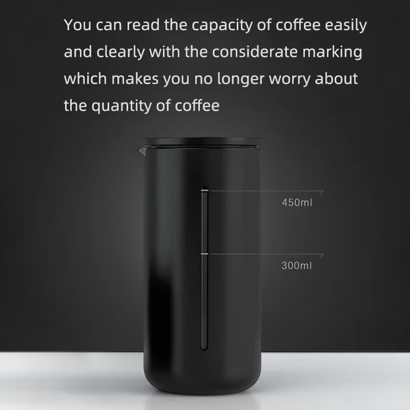 Black coffee tumbler with capacity markings on a dark background