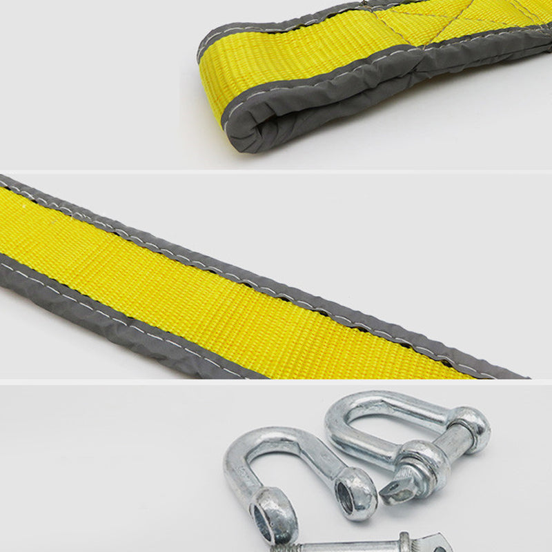 Yellow strap with gray border and metal hooks on a white background