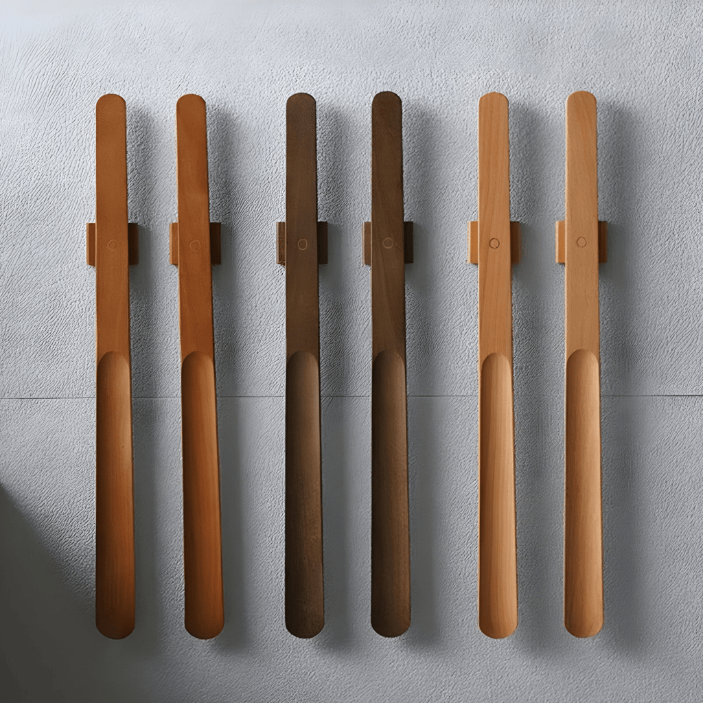 Set of six wooden spoons with metal handles on a gray surface