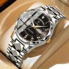 Luxury watch with black dial and silver and gold band on a beige surface