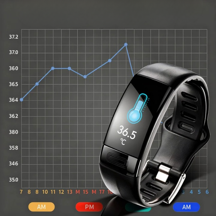 Smartwatch with a health monitoring app on a dark background with a graph