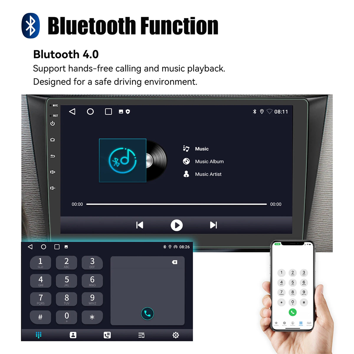 Car stereo system with Bluetooth 4.0 functionality, displayed on a screen.