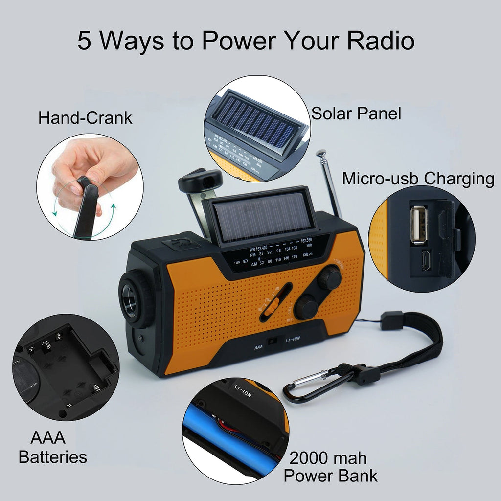 Multifunctional radio with power bank and charging options on a gray background