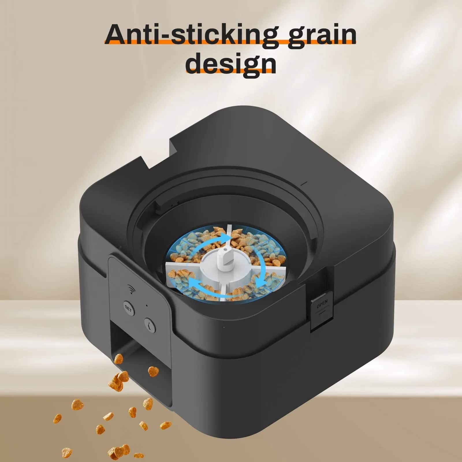 Black grain grinder with anti-sticking design on a beige background