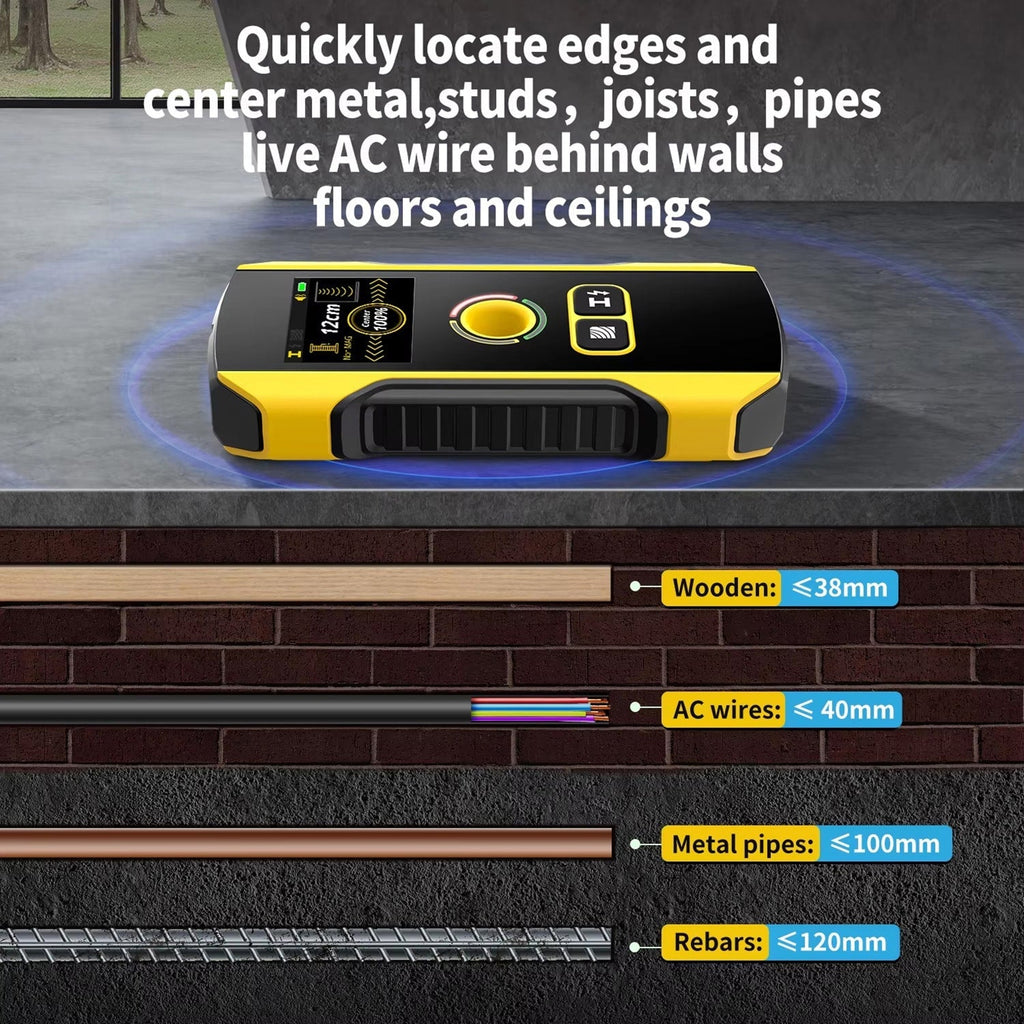 Yellow and black stud finder on a concrete floor with text and measurements displayed.
