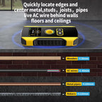 Yellow and black stud finder on a concrete floor with text and measurements displayed.
