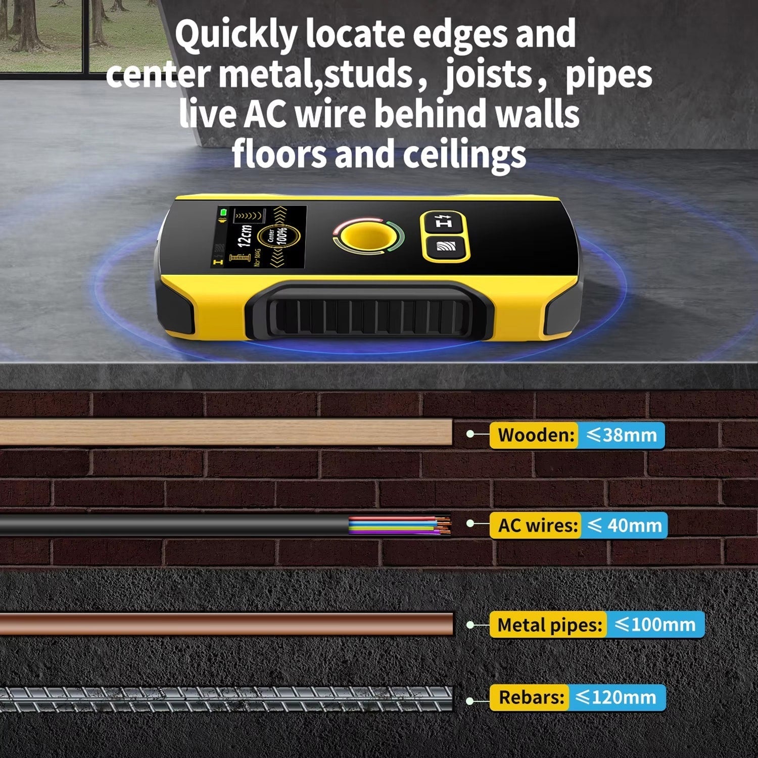 Yellow and black stud finder on a concrete floor with text and measurements displayed.