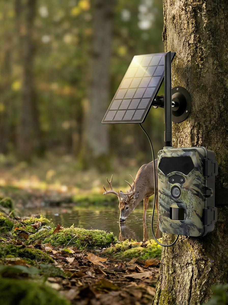 Trail camera with solar panel attached to a tree in a forest setting, with a deer in the background.