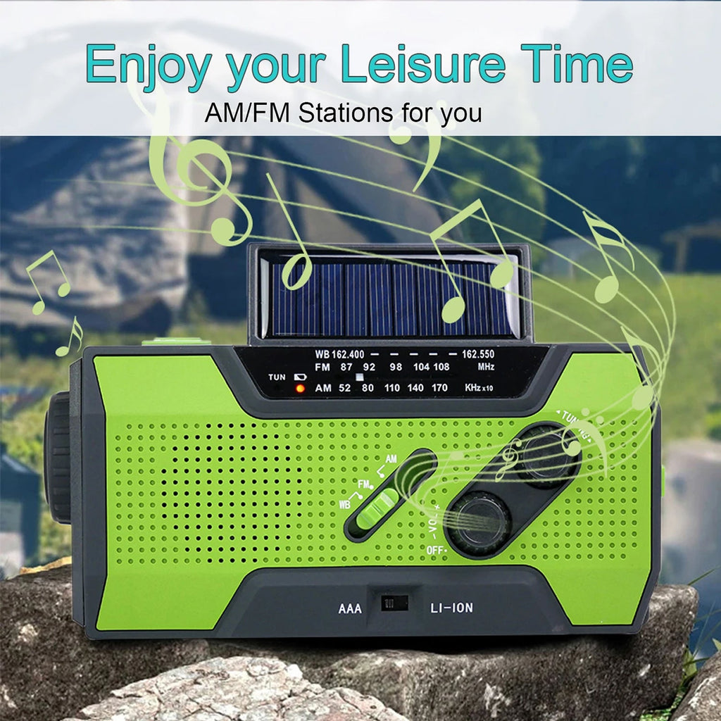 Green and black portable radio with solar panel on a natural background