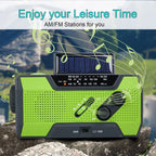 Green and black portable radio with solar panel on a natural background