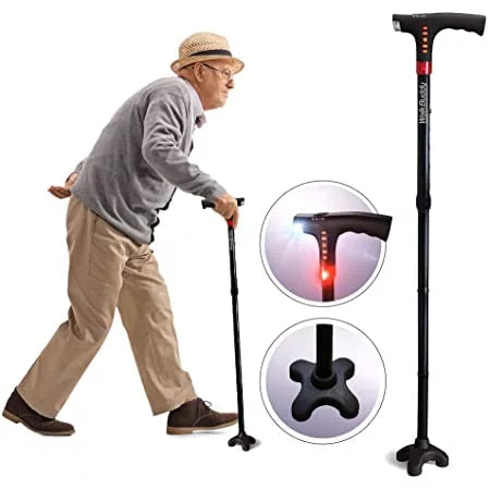 Man using a walking cane with LED lights, inset showing light details.