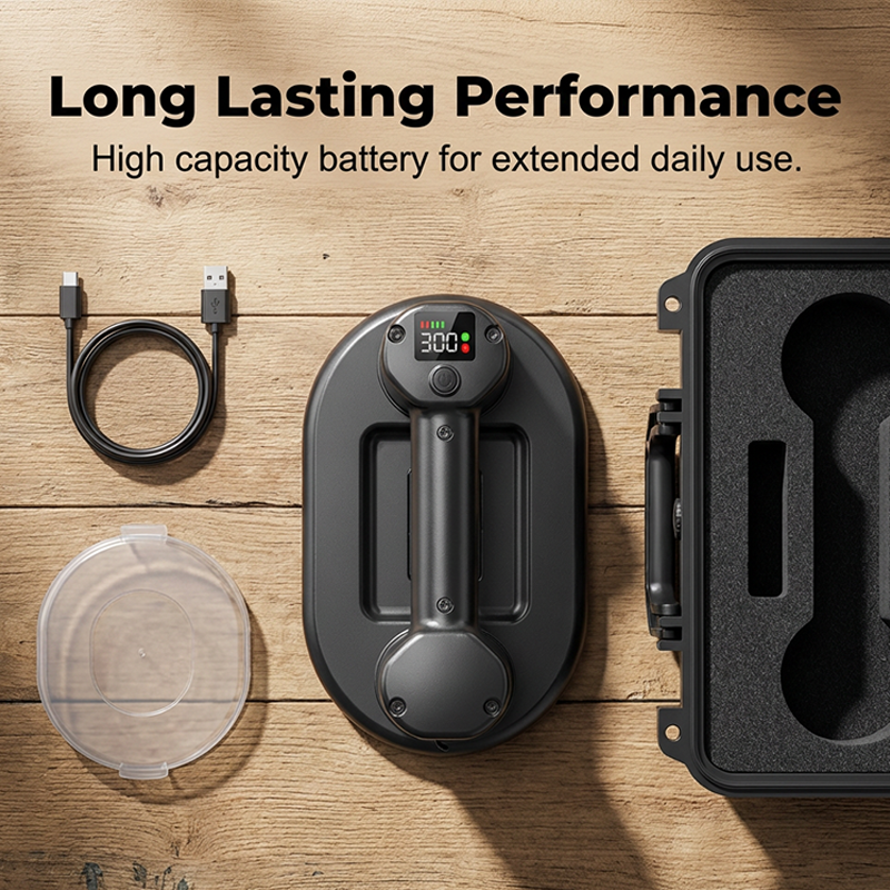 Black handheld device with digital display, cable, and cover on a wooden surface with 'Long Lasting Performance' text.
