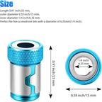 Blue and silver screwdriver bit with dimensions and specifications on a white background
