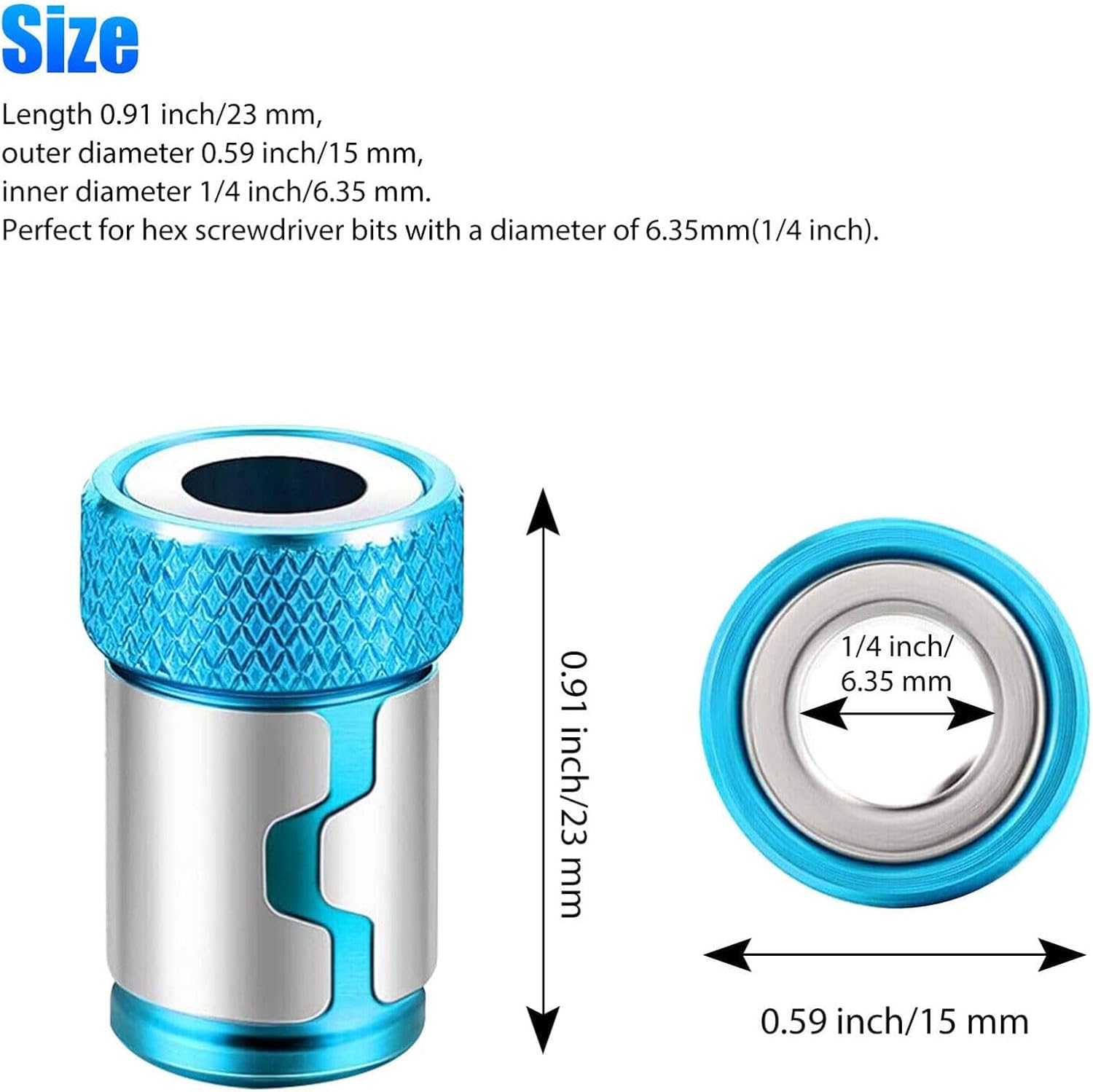 Blue and silver screwdriver bit with dimensions and specifications on a white background