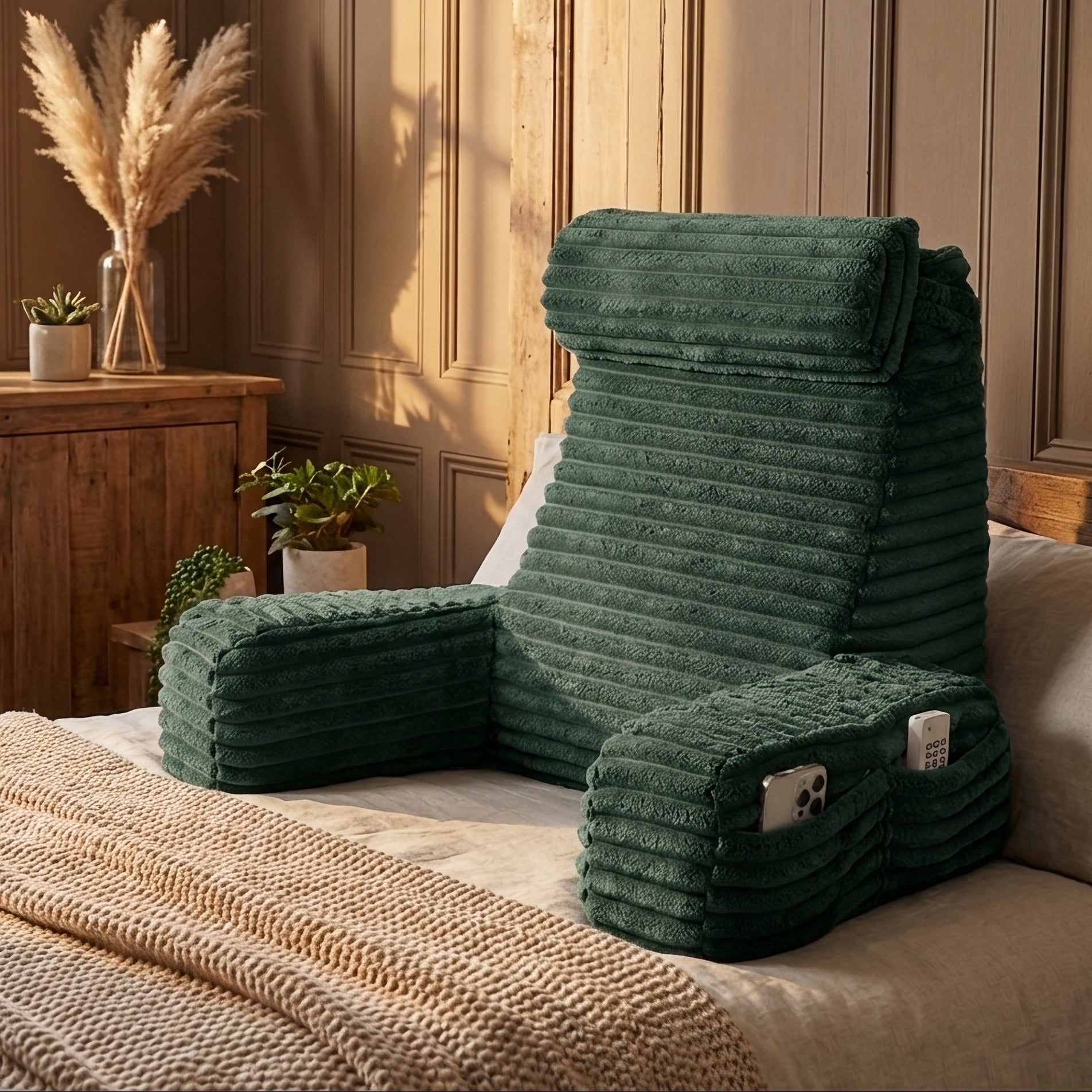 Green folding chair on a bed in a cozy room with plants and wooden furniture.