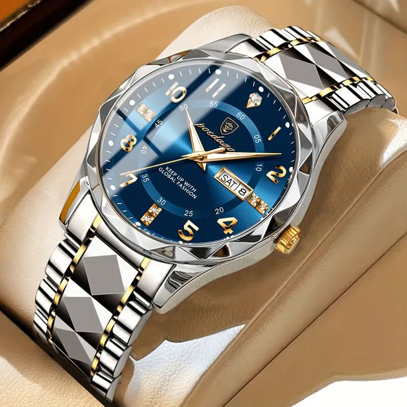 Luxury watch with blue dial and silver and gold bracelet on beige surface