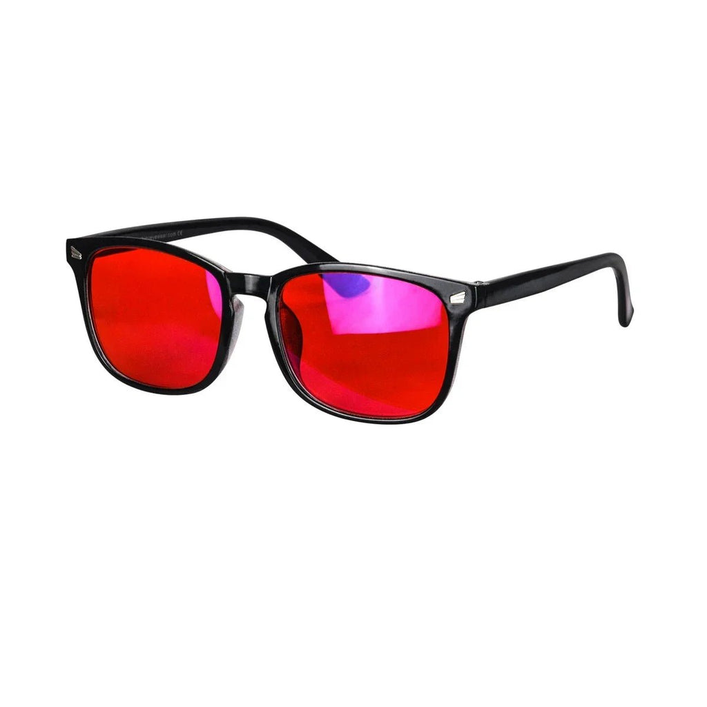 Sunglasses with red lenses and black frames on a white background
