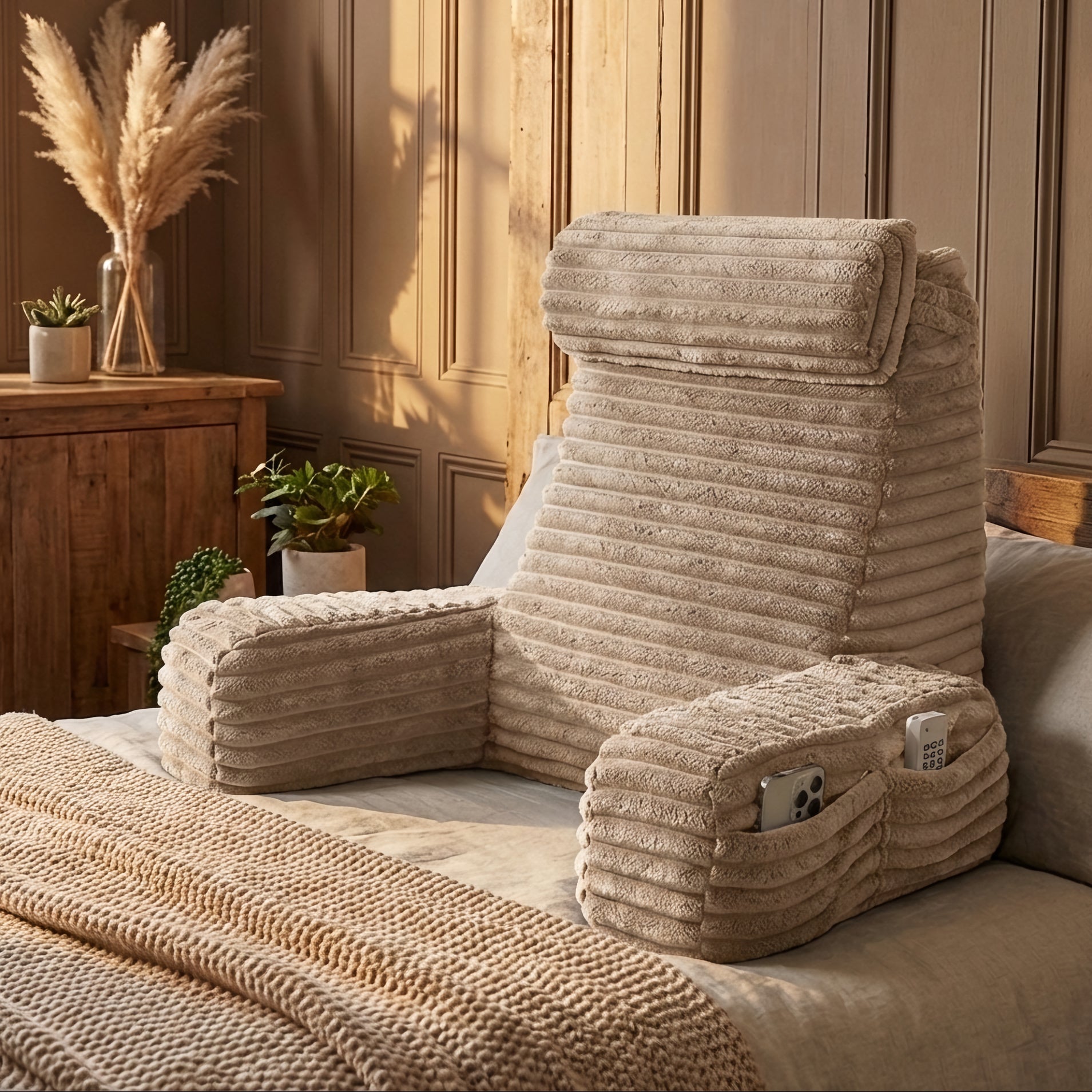 Beige textured bed wedge pillow on a bed with a cozy bedroom setting.