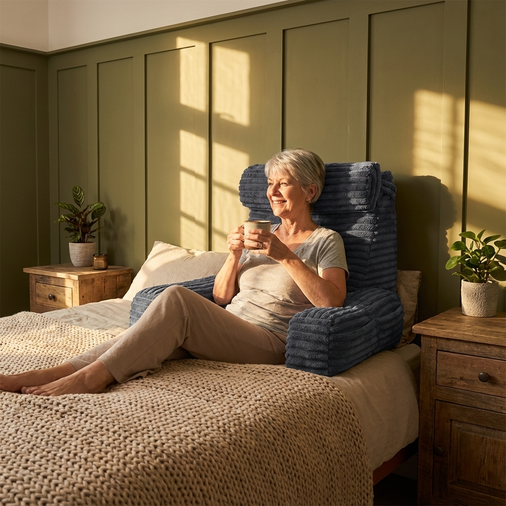 Woman sitting on a bed with a cup, surrounded by soft lighting and homey decor.