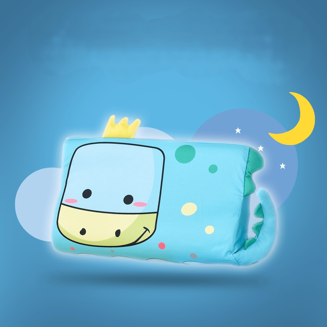 Cute cartoon pillow with a blue background featuring a moon and stars.