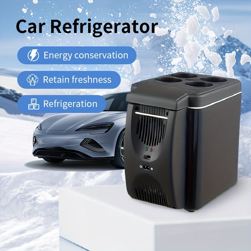 Car refrigerator with features listed on a snowy background