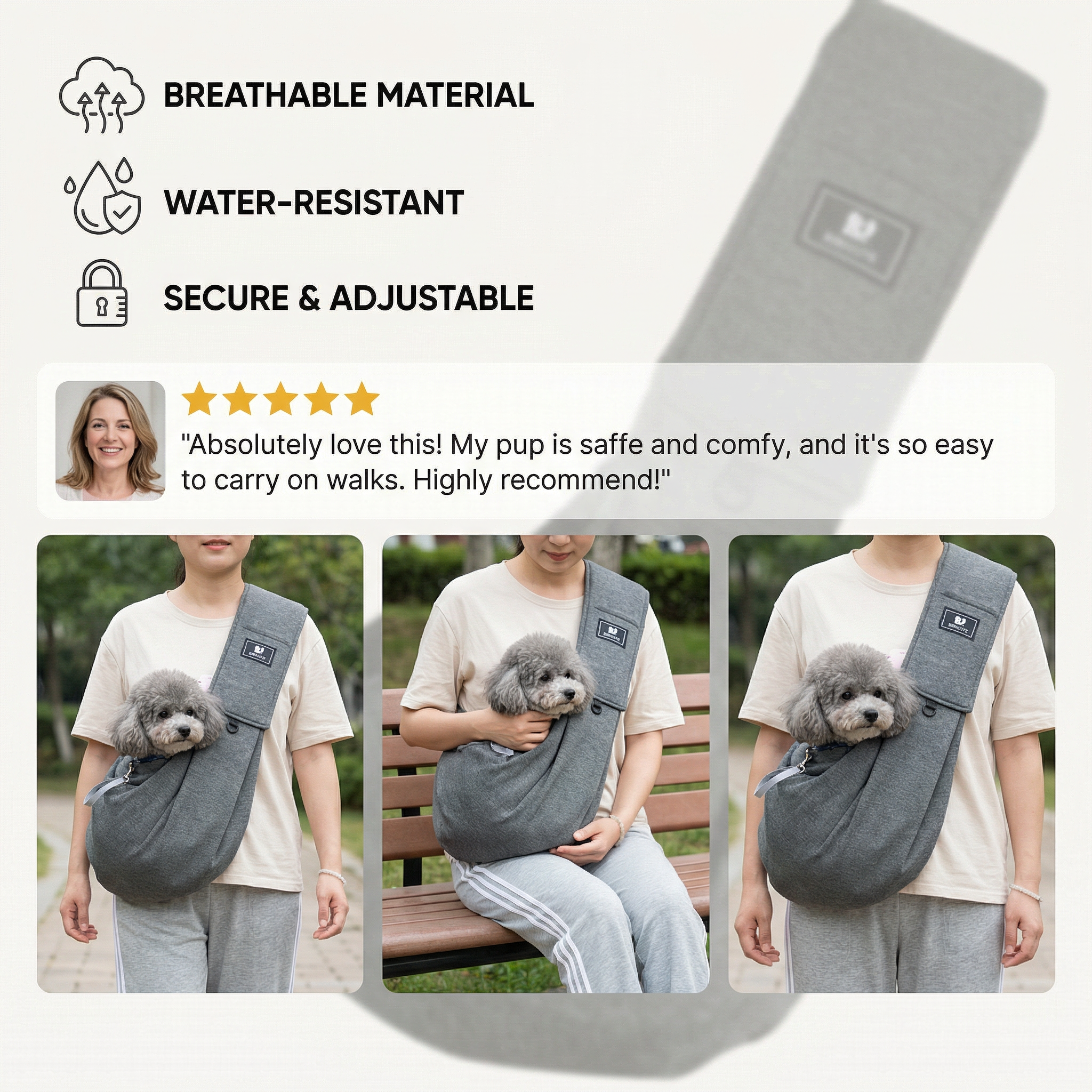 Gray pet sling with text highlighting features and user review, used outdoors.