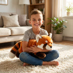 Child holding a plush red panda toy in a living room