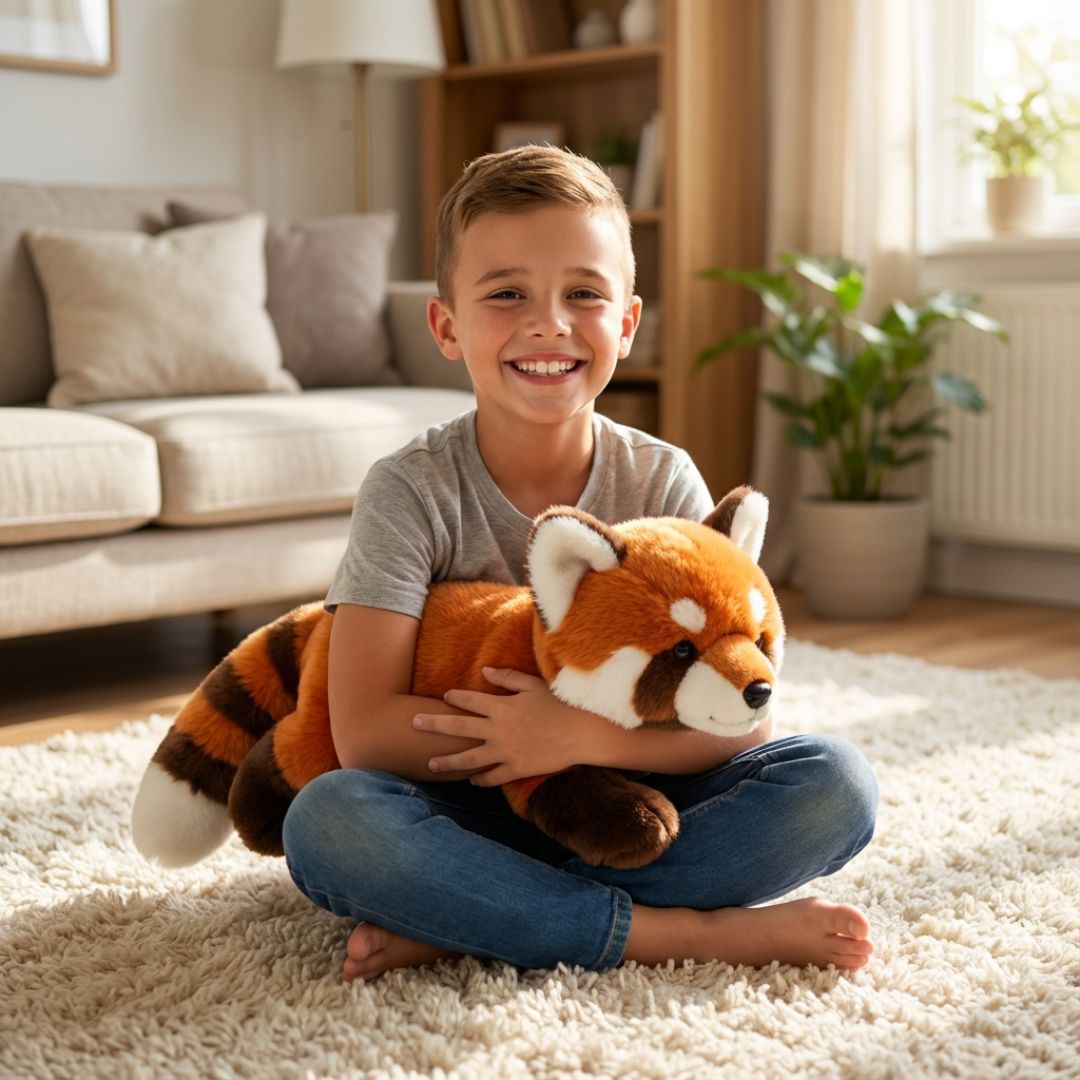 Child holding a plush red panda toy in a living room