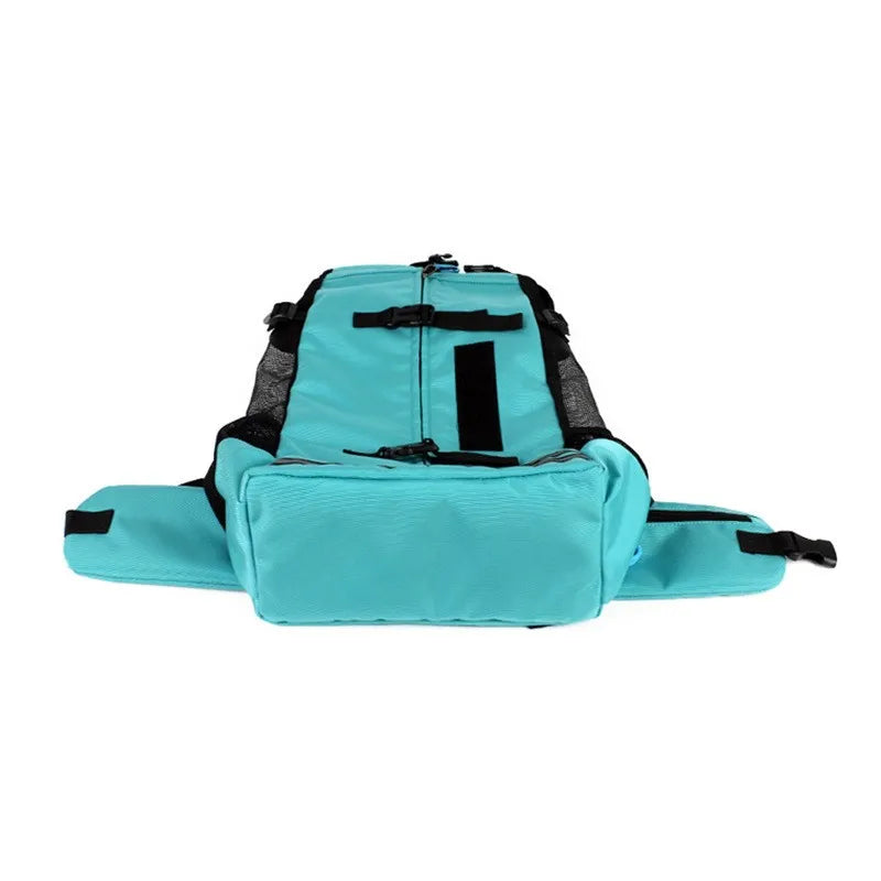Turquoise waist bag with black straps on a white background