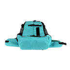 Turquoise waist bag with black straps on a white background