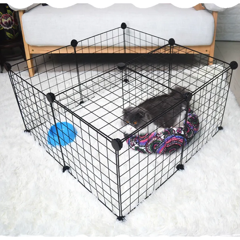 Pet playpen with a small dog inside on a carpeted floor.