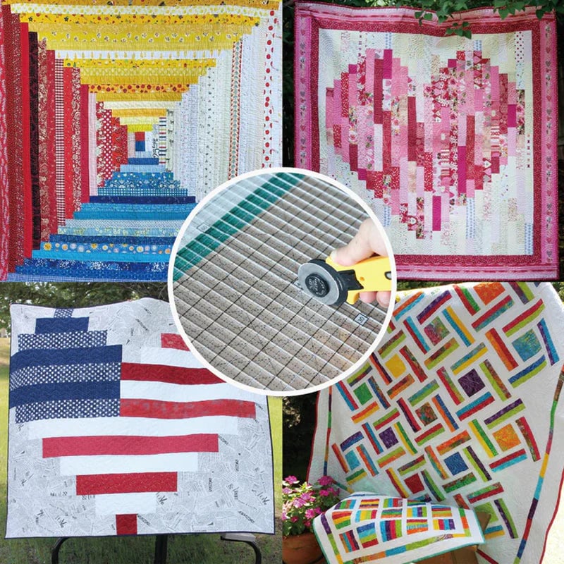 Collection of colorful quilts with a close-up of a cutting mat and ruler.