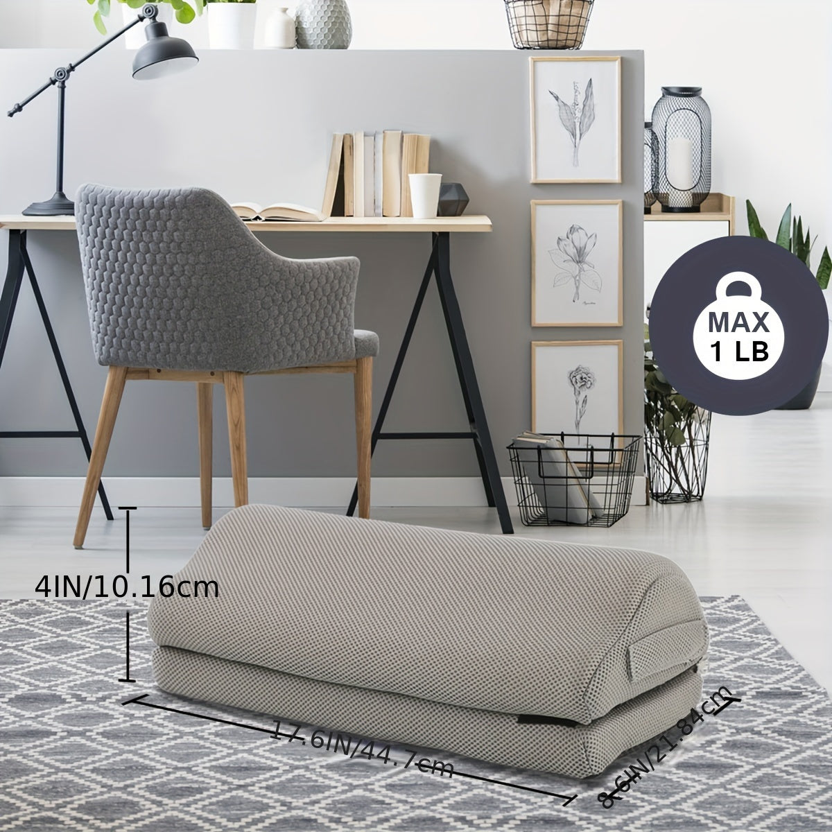 Foldable gray mat with measurements on a rug in a room with a desk and decor.