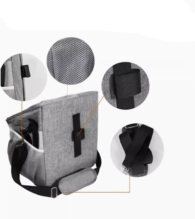 Gray baby carrier with close-up details on a white background