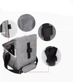 Gray baby carrier with close-up details on a white background