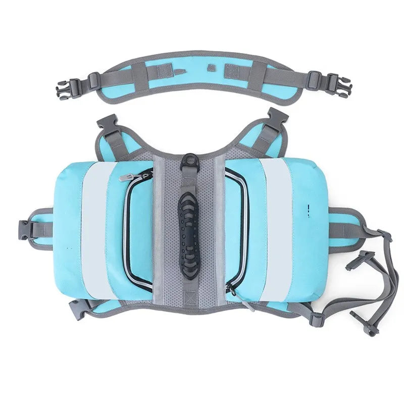 Light blue and gray backpack with straps on a white background
